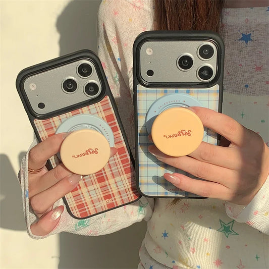 チェック柄 スタンドグリップ付き Magnet内蔵 iPhoneケース｜レトロデザイン #260003