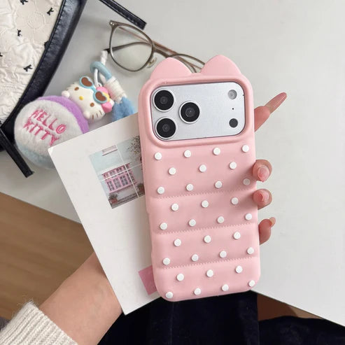 ドットキルティング 水玉 耳付き立体デザイン iPhoneケース #260624