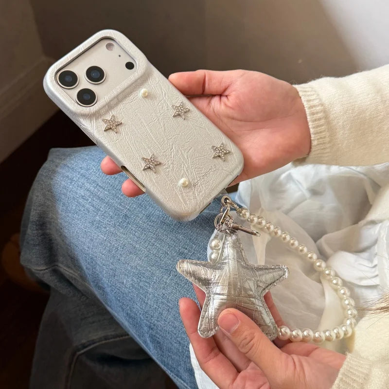 スター モチーフ レザー調 iPhoneケース｜パールストラップ付き #260222