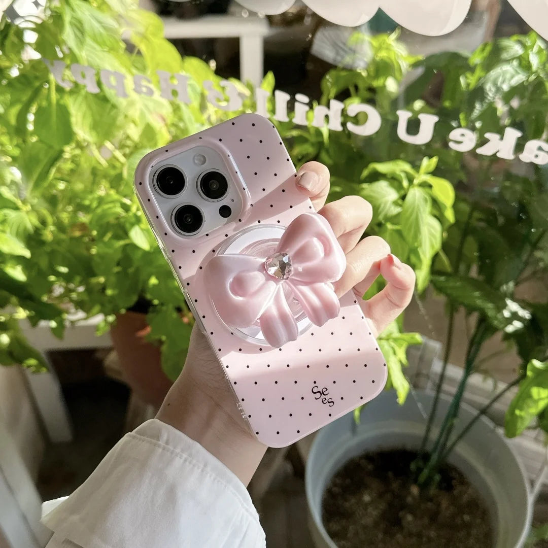 【Magnet内蔵】ドット × 3D リボングリップ ガーリー スマホケース｜iPhone対応 #241003