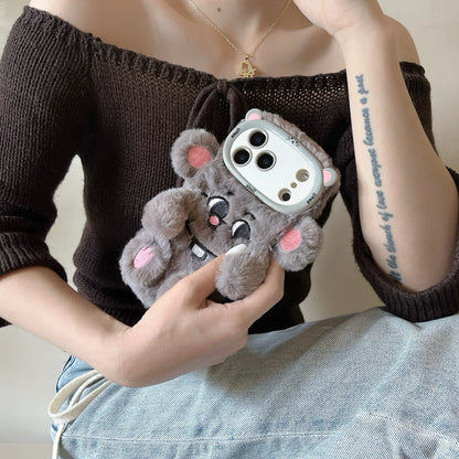 【アニマルフェイスシリーズ】グレーマウス スマホケース｜ふわもこ立体デザイン × キュートな耳付き｜iPhone対応 #241130