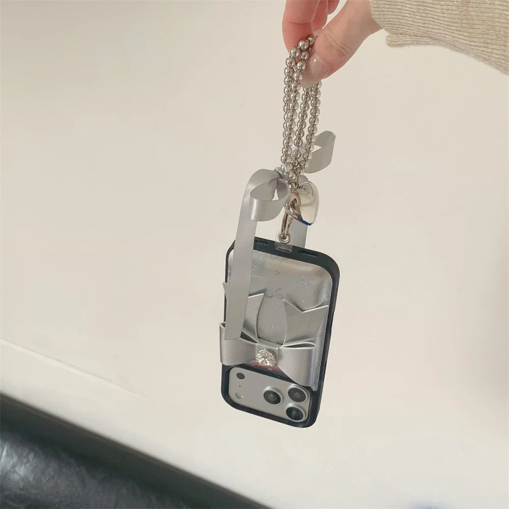 【シルバー立体リボン】ボールストラップ付き フェミニン スマホケース｜iPhone対応 #260206