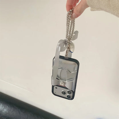 【シルバー立体リボン】ボールストラップ付き フェミニン スマホケース｜iPhone対応 #260206