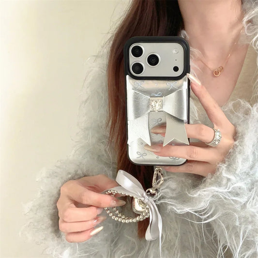 【シルバー立体リボン】ボールストラップ付き フェミニン スマホケース｜iPhone対応 #260206