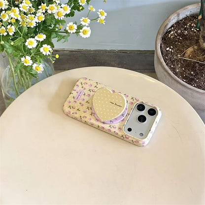 ハートグリップ イエロー花柄 Magnet内蔵 iPhoneケース｜淡色レトロ・大人かわいい #260027