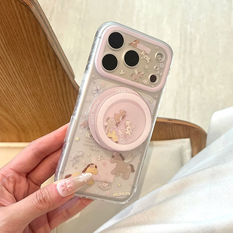 ユニコーンホース イラストiPhoneケース｜パステル動物柄・クリアグリップ付き #240428