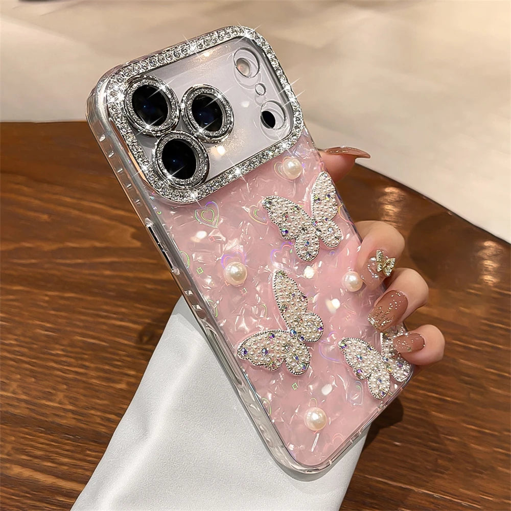 【ジュエリーバタフライ】キラキラ 蝶モチーフ×パール デコレーション スマホケース｜iPhone対応 #250424
