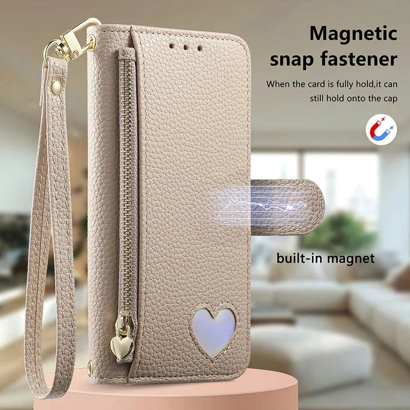 【ブックスタイル】ハートモチーフ レザー調 財布一体型 手帳タイプ iPhoneケース｜ショルダーストラップ付き #240205