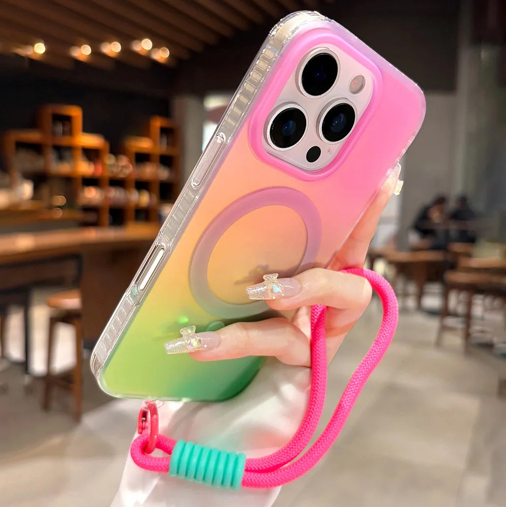 グラデーションネオン バイカラー Magnet内蔵 ストラップ付き iPhone対応ケース #260527
