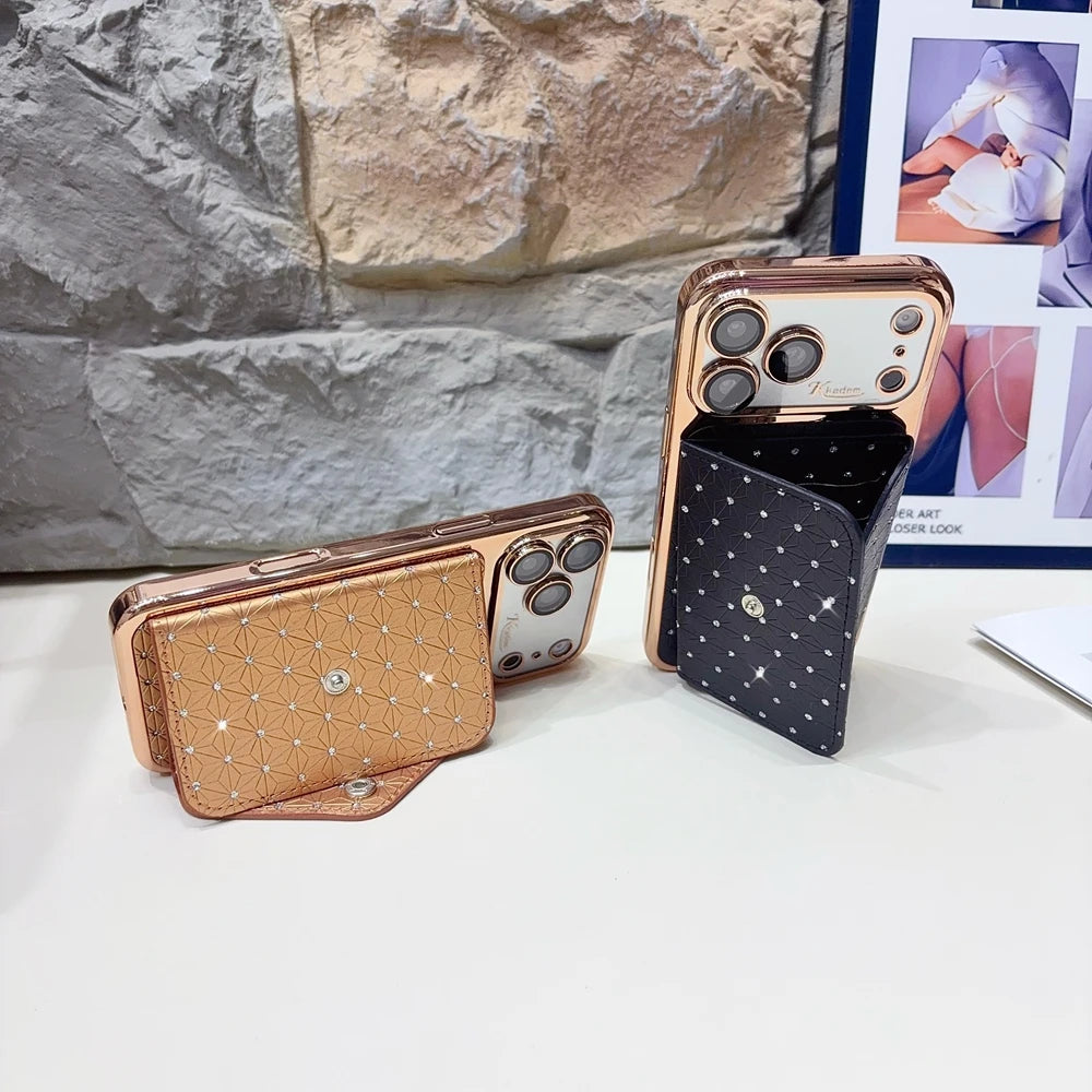 型押しレザー調 カードポケット付き ゴールドメッキ iPhoneケース｜エレガント #260031