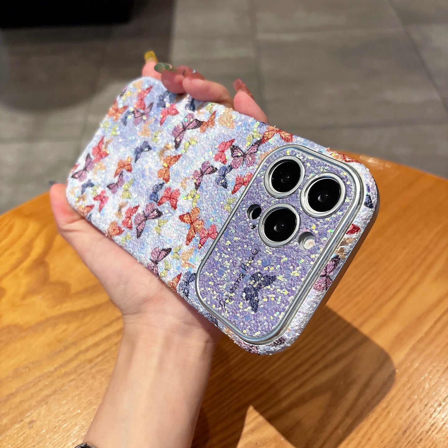 カラフル バタフライ パープルグリッター iPhoneケース｜ビーズストラップ付き #230709