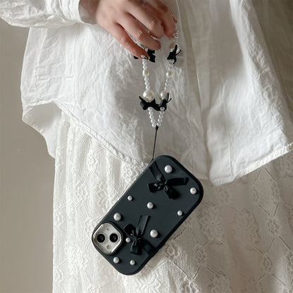 【パールリボン】立体リボン＆パール ストラップ付き デコスマホケース｜iPhone対応 #250727