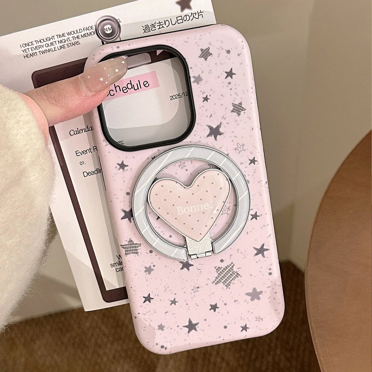 【マグネット式折りたたみハートスタンド付き】スプラッシュインク スター 星屑デザイン ハートリング付きスマホケース｜iPhone対応 #240629