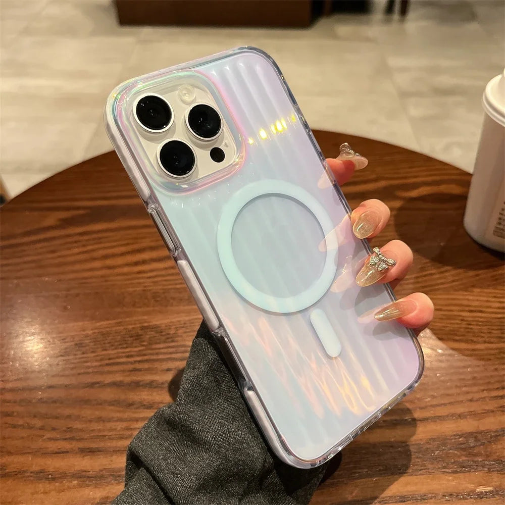 【ワイヤレス充電対応シリーズ】オーロラグラデーション 光沢リブ加工 スマホケース｜iPhone対応 #250831