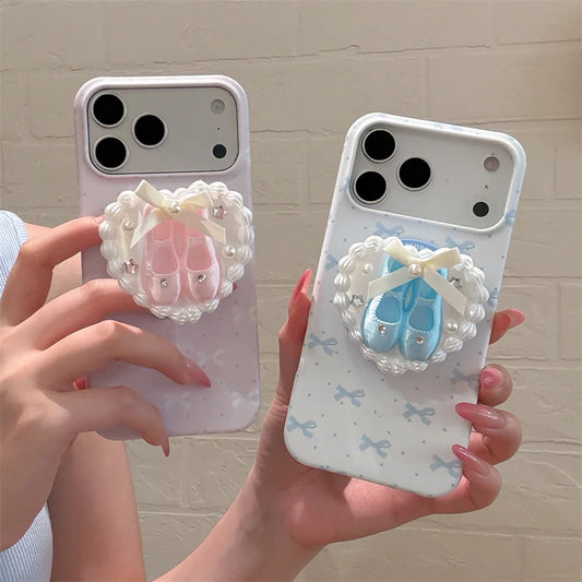 3Dバレエシューズ パールハートグリップ リボン柄 Magnet内蔵 iPhoneケース｜バレエ #260018