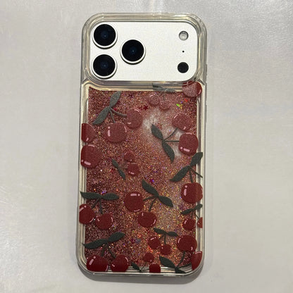 チェリー柄 リキッドグリッター パールストラップ付き クリア iPhoneケース キュート・ガーリー・韓国風 #261119