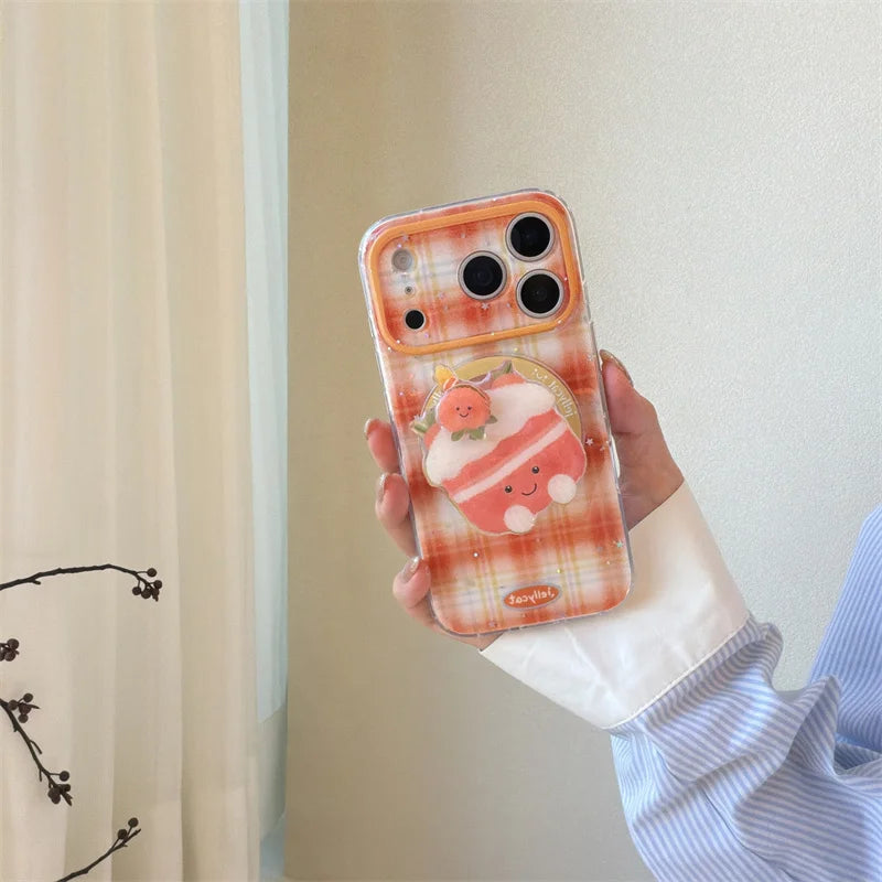 【Magnet内蔵】クリームケーキ オレンジ ギンガムチェック スマホケース｜ゆるかわポップソケット｜iPhone対応 #241203