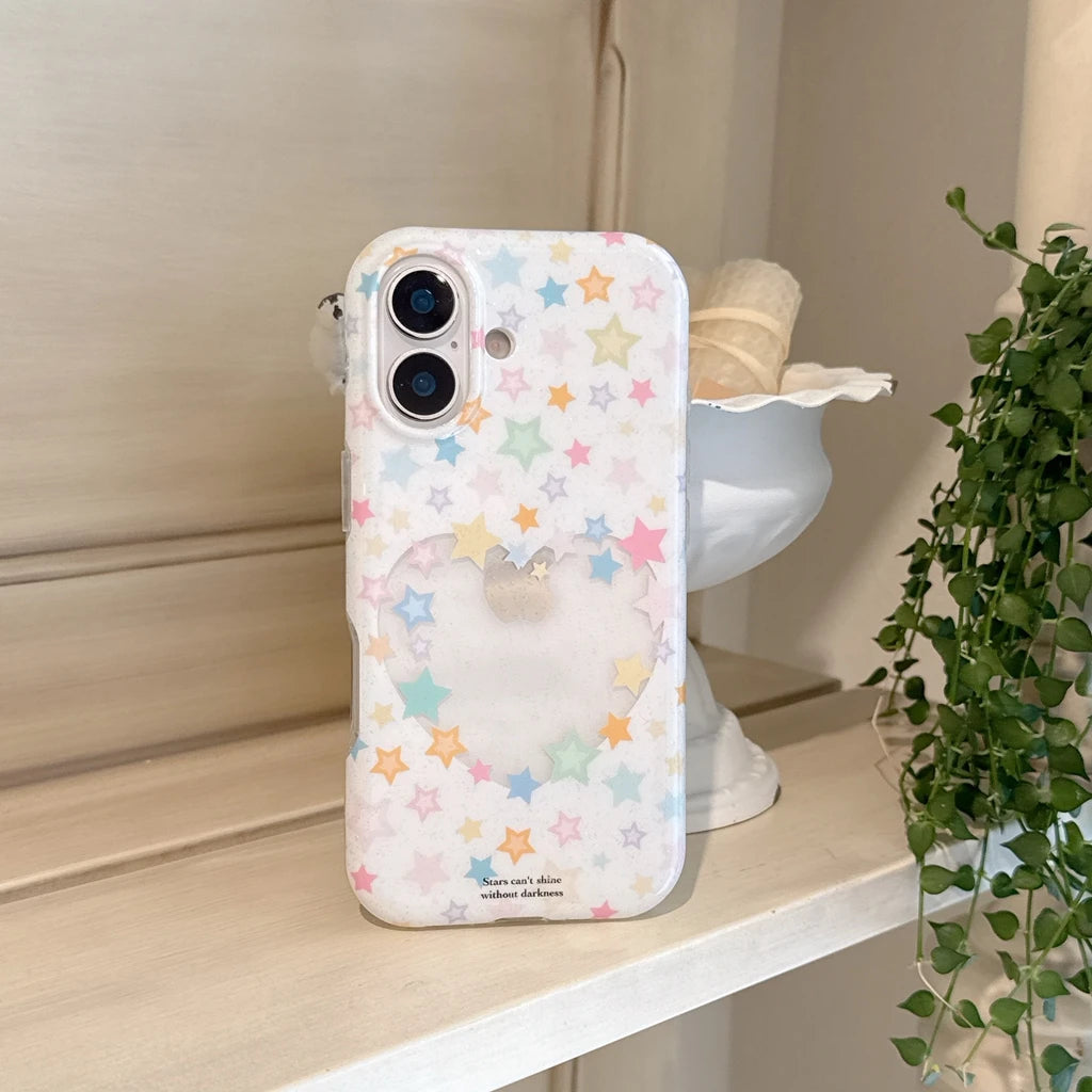 パステル カラフルスター ハートくり抜き iPhoneケース｜韓国ガーリー・星柄 #230824