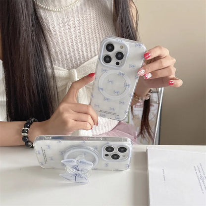 【淡ブルーリボン×グリップ付き】ガーリー 透明クリアケース｜iPhone対応 #250510