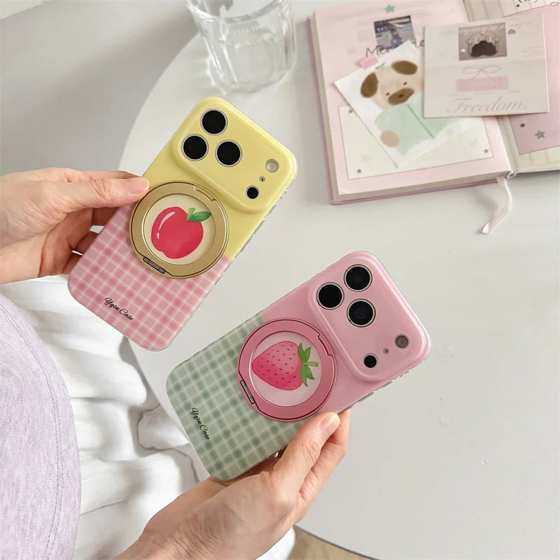 フルーツモチーフ チェック柄 グリップ付き iPhoneケース｜ポップ・ガーリー #260100