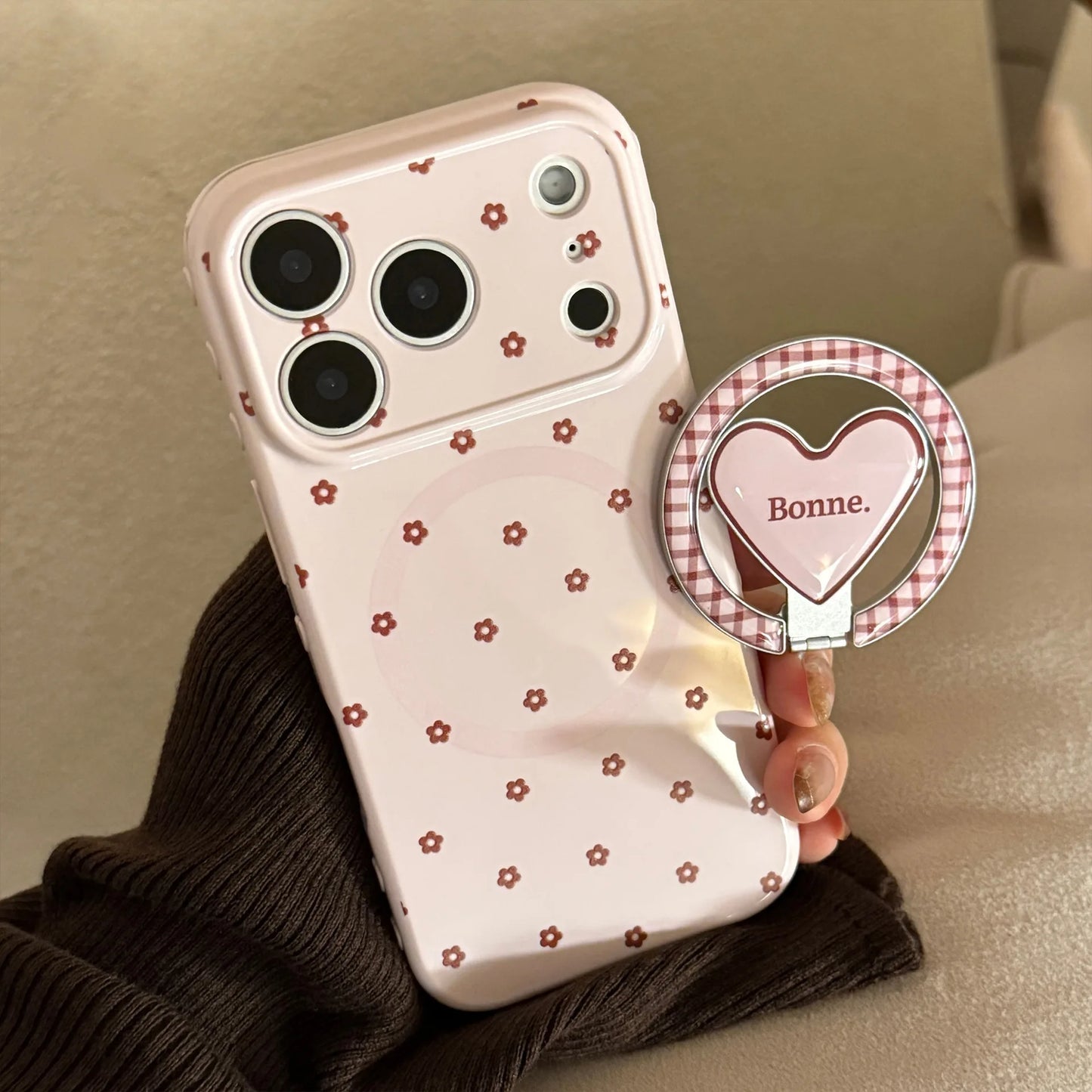 【マグネット式折りたたみハートスタンド付き】リボン × プチフラワー 小花 ハートスタンドスマホケース｜iPhone対応 #240628