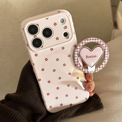 【マグネット式折りたたみハートスタンド付き】リボン × プチフラワー 小花 ハートスタンドスマホケース｜iPhone対応 #240628
