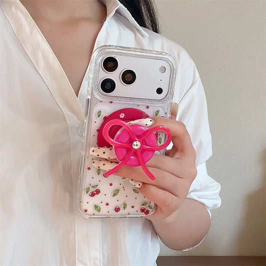 チェリー ドット フラワー柄 iPhoneケース|Magnet内蔵 リボングリップ付き #260066