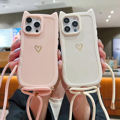 【猫耳シリーズ】ハートワンポイント ショルダー iPhoneケース｜ソフトTPU #240213