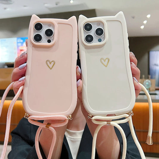 【猫耳シリーズ】ハートワンポイント ショルダー iPhoneケース｜ソフトTPU #240213