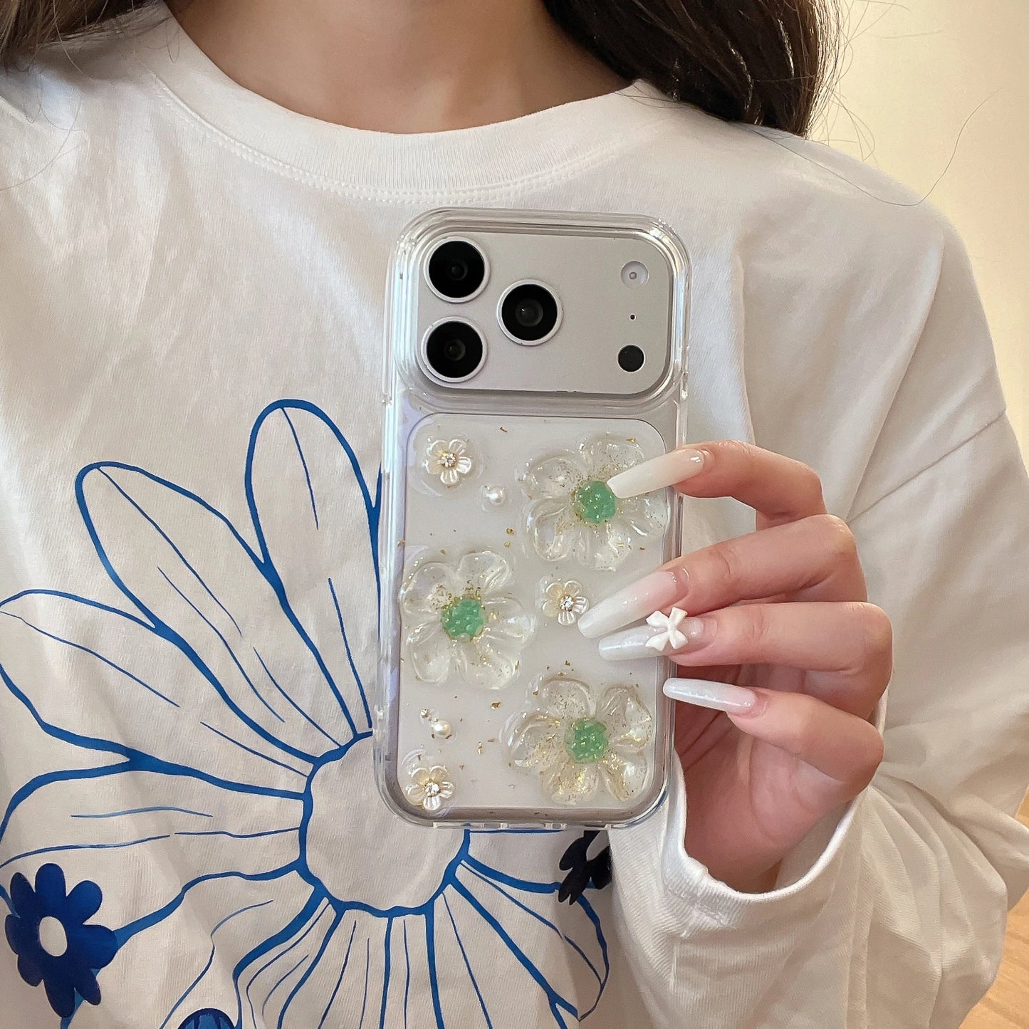 フラワー キラキララメ クリア iPhoneケース｜立体 3D 花モチーフ・透明感デザイン #230801