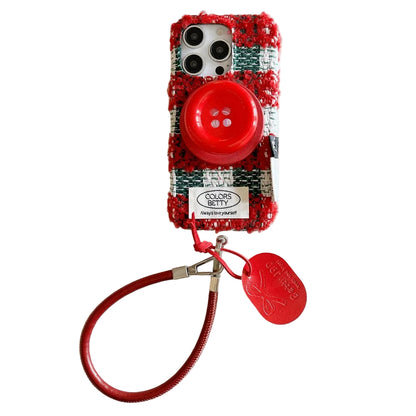 【ツイードカラーボタン】ツイードチェック×ビッグボタン ストラップ付きスマホケース｜iPhone対応 #250201