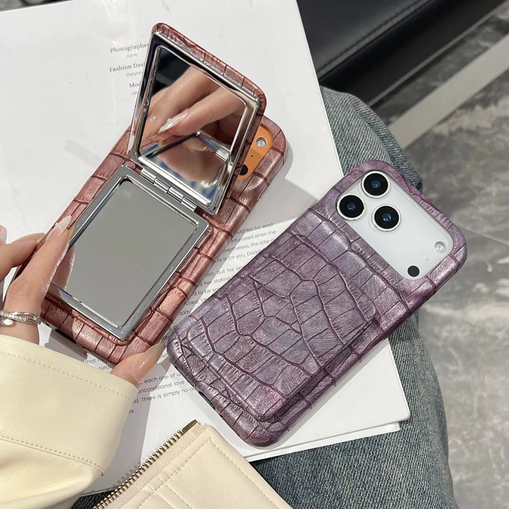クロコ型押し レザー調 コンパクトミラー付き iPhone スマホケース #260530