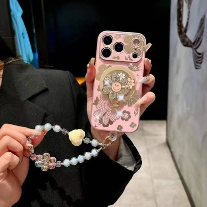 【フラワーシリーズ】キラキラ立体スマイルフラワー＆バタフライ デザインスマホケース｜iPhone対応 #251211