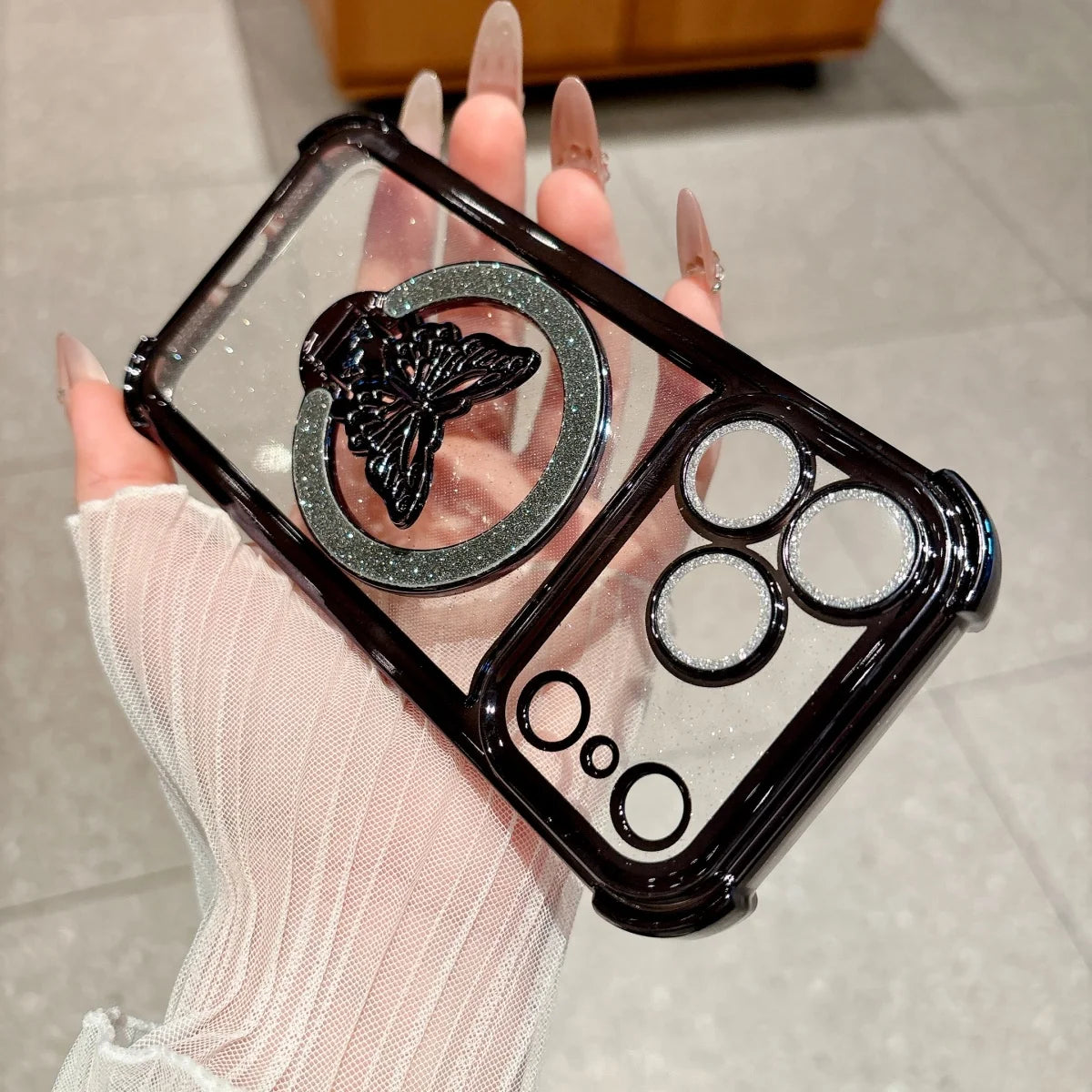 バタフライ キラキラ ラメリング付き Magnet内蔵 クリア iPhoneケース #260220