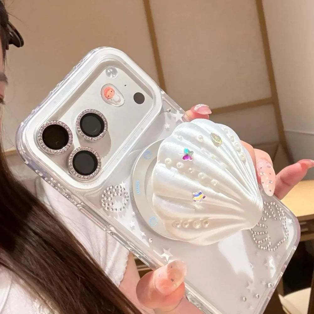 シェルモチーフ パール 貝殻グリップ iPhoneケース｜韓国ガーリー・キラキラ・マーメイドデザイン #230903