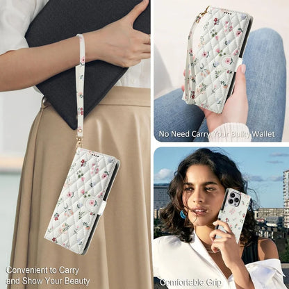 【ブックスタイル】花柄 フラワーキルティング ストラップ付き 手帳型 iPhoneケース｜カード収納 ショルダー対応 #240110