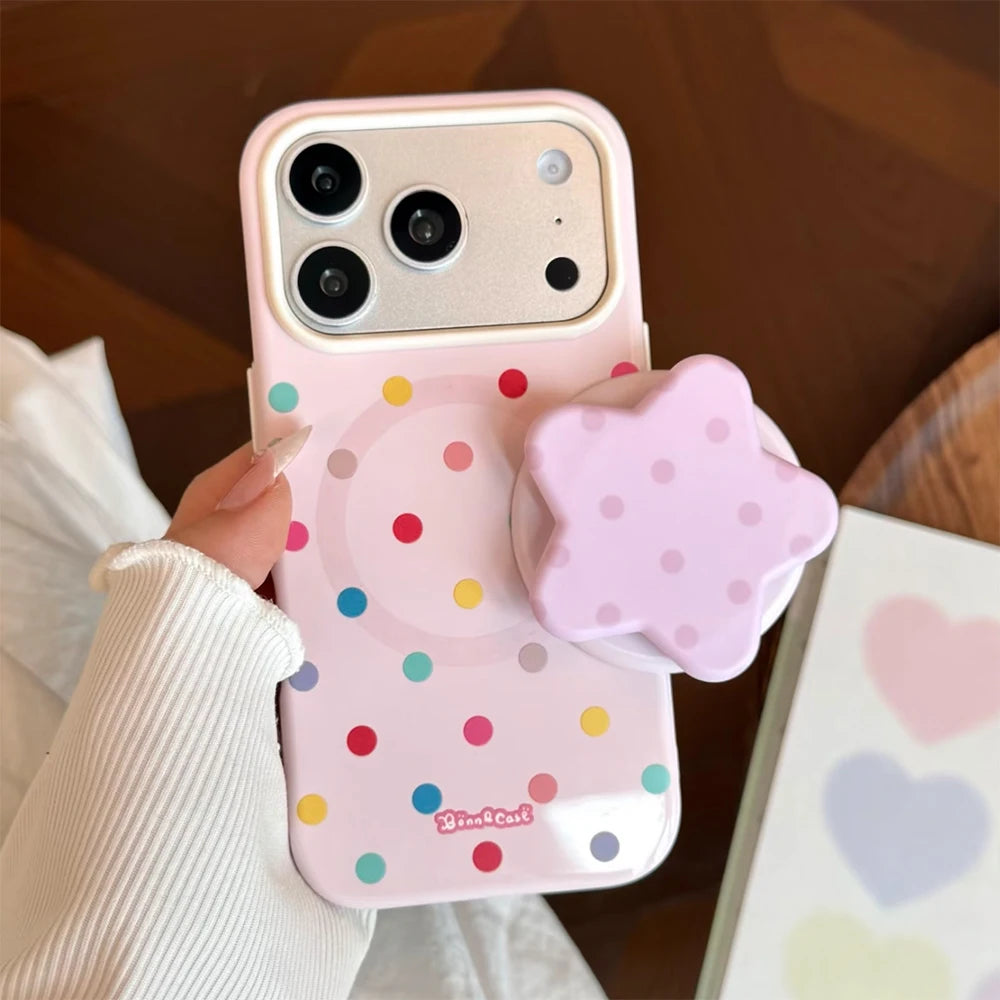 【マグネット内蔵】スターモチーフグリップ付きドット柄 iPhoneケース カラフル PCA #261216