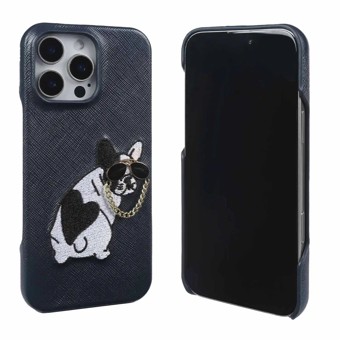 【本革シリーズ】 レザー サングラス フレンチブルドッグ 刺繍 iPhoneケース #260211