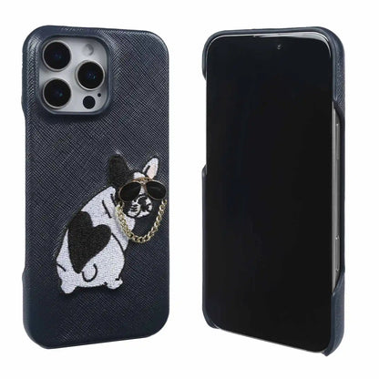 【本革シリーズ】 レザー サングラス フレンチブルドッグ 刺繍 iPhoneケース #260211