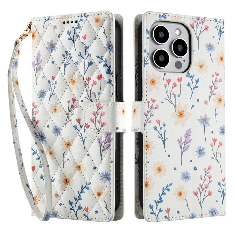 【ブックスタイル】花柄 フラワーキルティング ストラップ付き 手帳型 iPhoneケース｜カード収納 ショルダー対応 #240110