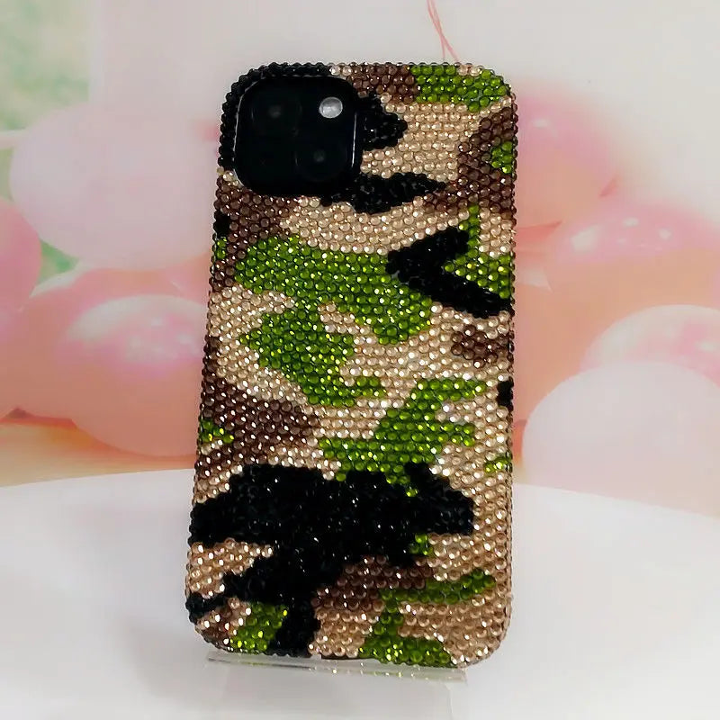 【キラキラビジューシリーズ】カモフラージュ 迷彩柄 フルラインストーン デコ スマホケース｜iPhone対応 #260121