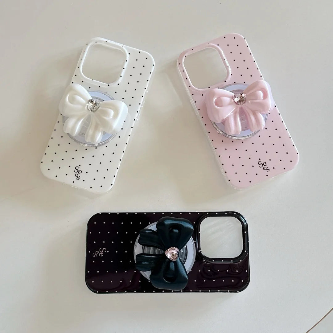 【Magnet内蔵】ドット × 3D リボングリップ ガーリー スマホケース｜iPhone対応 #241003