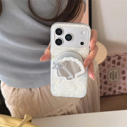 シェルグリップ 貝殻 ミラー Magnet内蔵 iPhoneケース｜ホワイトオーロラデザイン #230706
