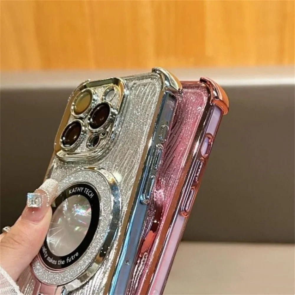 【Magsafe対応】高級感 ゴールド×ラメ リング付き iPhoneケース｜耐衝撃・スタンド機能・キラキラデザイン｜iPhone対応 #250407