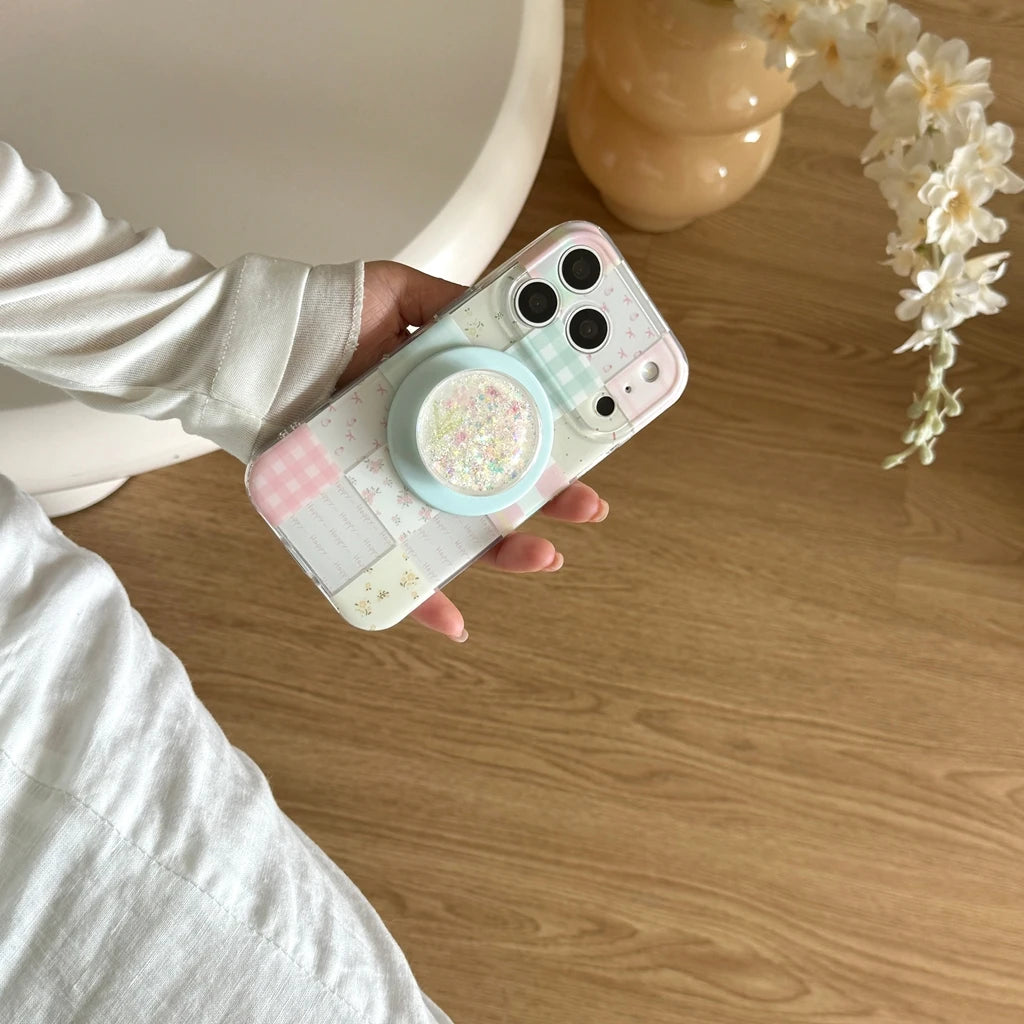 パステルチェック キラキラ Magnetグリップ付き フラワーiPhoneケース｜クリアベース・淡色デザイン #231202