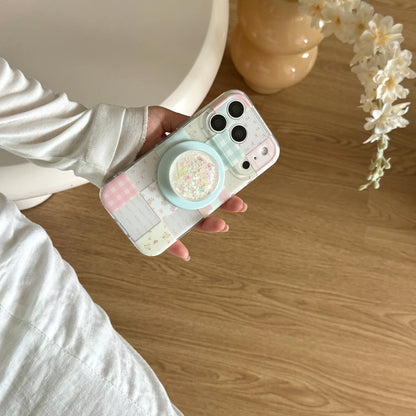 パステルチェック キラキラ Magnetグリップ付き フラワーiPhoneケース｜クリアベース・淡色デザイン #231202