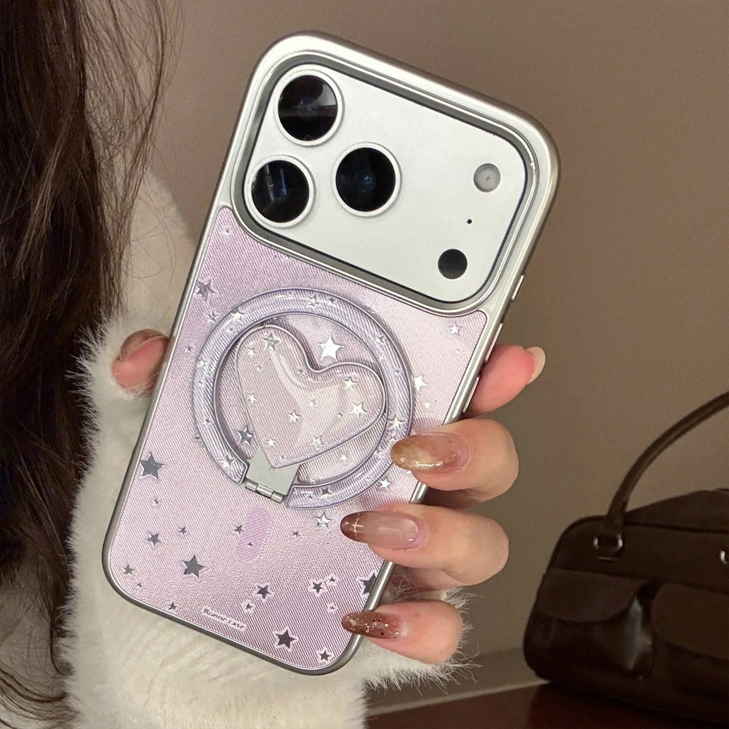 【マグネット式折りたたみハートスタンド付き】星柄 ラベンダー ハートリング付きスマホケース｜iPhone対応 #240705