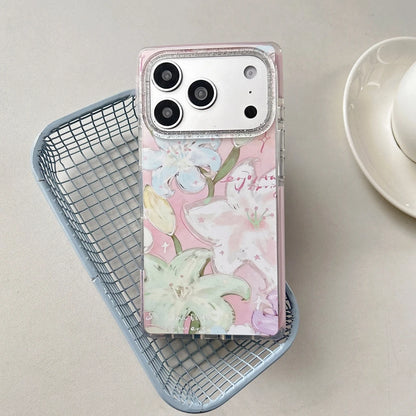 【ユリの花】iPhoneケース フラワーアート ピンク｜スクエアデザイン 花柄グリッター付きi #230823