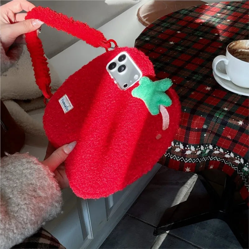 【もこもこ手帳型デザイン】フルーツ トマト ハンドルストラップ付き iPhoneケース #240611