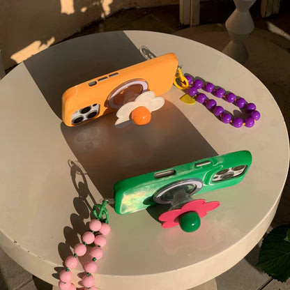 【フラワーシリーズ】立体レトロフラワー ビーズストラップ付き バイカラー スマホケース｜iPhone対応 #251001